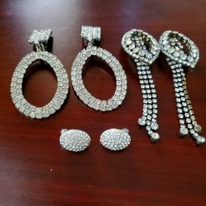 EARRINGS DRESSY RHINESTONE (3) Three Pairs Clip On